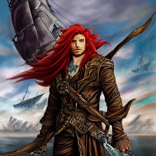 Image similar to an epic fantasy comic book style portrait painting of a long haired, red headed male sky - pirate in front of an airship in the style of yoshitaka amano