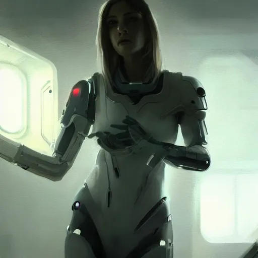 Image similar to concept art by greg rutkowski, female cyborg in a room from the spaceship, high tech and futuristic white walled environment, unnatural lighting, uncanny atmosphere, frightening and creepy atmosphere, scifi, highly detailed portrait, digital painting, artstation, concept art, smooth, sharp foccus ilustration, artstation hq