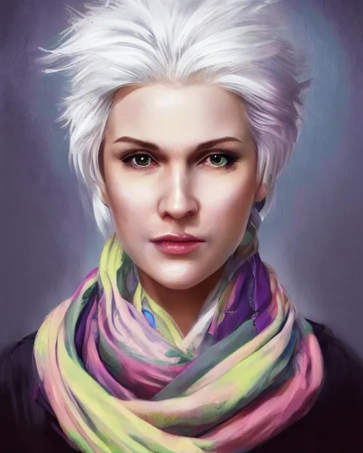 Prompt: ambient occlusion portrait of a woman with white hair and a scarf around her neck, with cute - fine - face, pretty face, multicolored hair, realistic shaded perfect face, fine details by realistic shaded lighting poster by ilya kuvshinov katsuhiro otomo, magali villeneuve, artgerm, jeremy lipkin and michael garmash and rob rey
