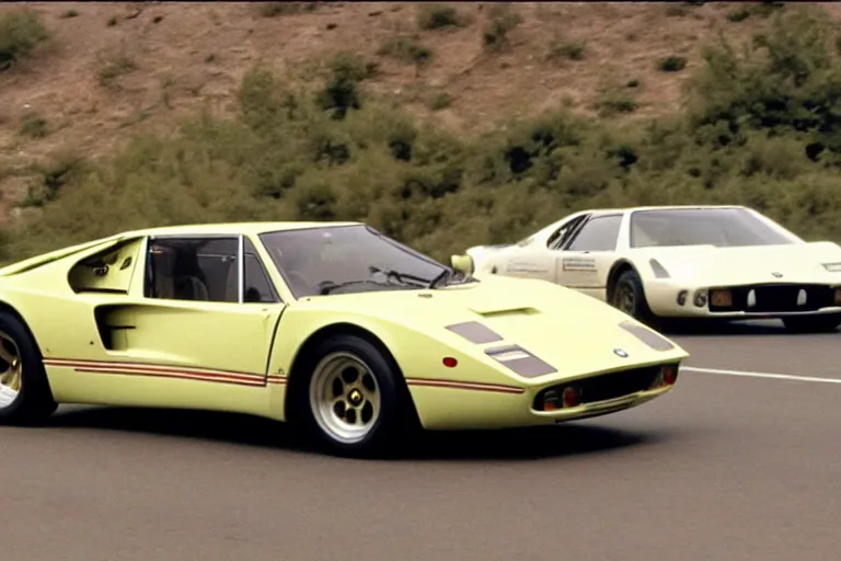 Prompt: 1965 F40, De Tomaso, Lotus, BMW M1, Pantera ((Countach)), movie still, speed, cinematic Eastman 5384 film