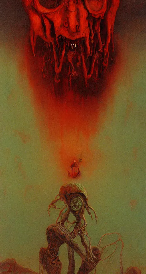 Image similar to Painting in a style of Beksinski featuring a giant alien crying. Pain and suffering in the background