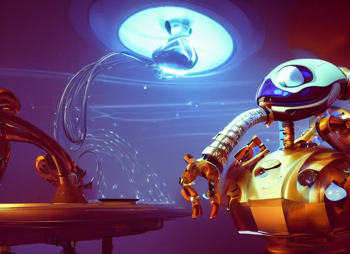 Prompt: strange surrealist detailed unusual robotic alien electronic-musical-instruments!! and acoustic-musical-instruments!! with blinking LEDs, backlit fog, space station lounge setting, designed by Peter Andrew Jones and Pixar, photorealistic, 3d render, award winning render, unreal engine, octane render, studio lighting, 8k, hd