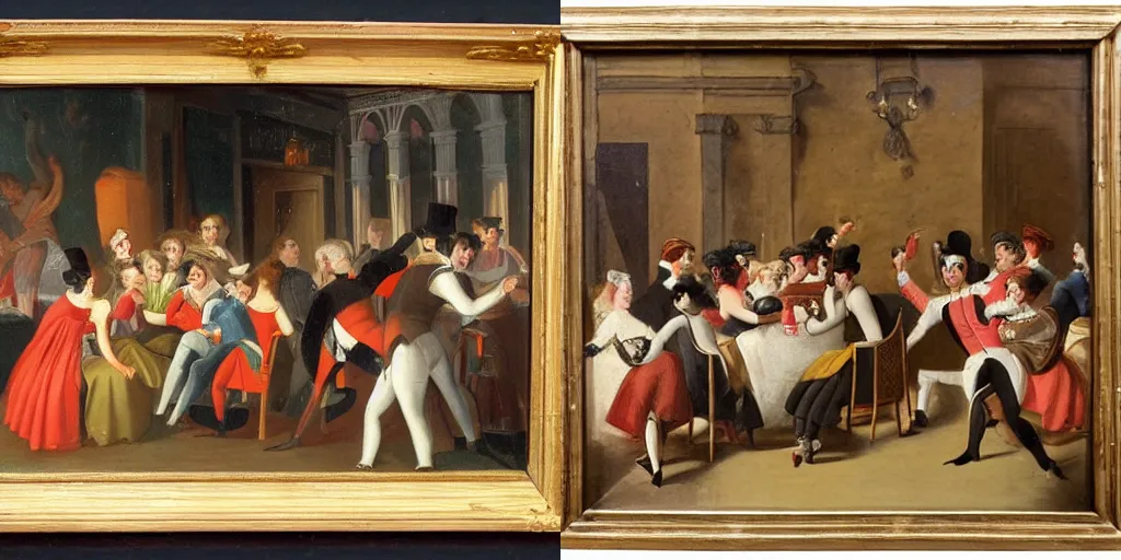 Prompt: A painting of people drinking and dancing, ca 1820