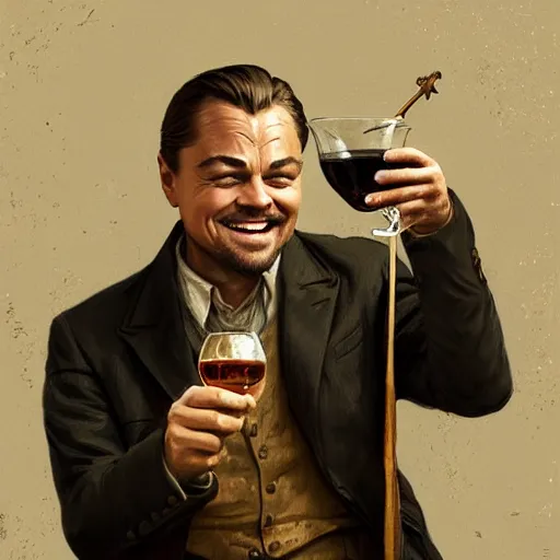 Image similar to leonardo dicaprio from django laughing with a small sherry drink in hand to lips, highly detailed, intricate, digital painting, artstation, sharp focus, illustration, art by jakub rozalski, greg rutkowski, artgerm, tan zi and ayanamikodon and alphonse mucha and wlop