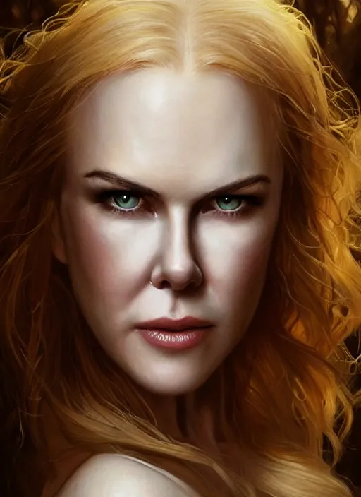 Image similar to girl looks like nicole kidman with pale white skin and long blonde hair, muscular upper body, beautiful highly detailed face, complementary lighting, backlit, black eyeshadow, dark eyes, adventure, dramatic lighting, landscape background, beautiful painting by artgerm and greg rutkowski and raymond swanland