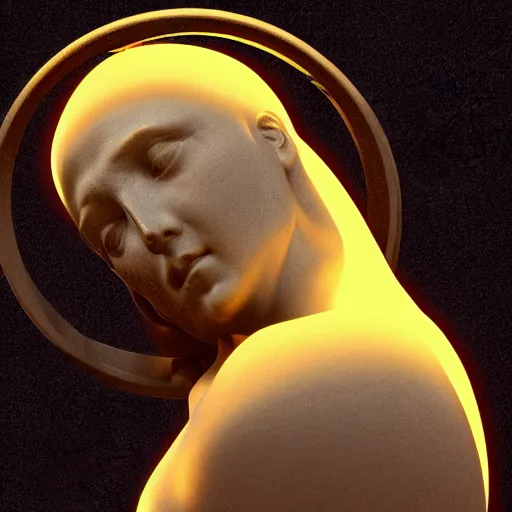 Prompt: a 3 d neon circle surrounding the head of a renaissance statue, 3 d render, black background, ray tracing, 8 k resolution, sharp focus, very detailed, hyper realistic