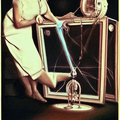 Image similar to A drawing. A rip in spacetime. Did this device in her hand open a portal to another dimension or reality?! autochrome, x-ray photography by Les Edwards, by John Perceval aesthetic