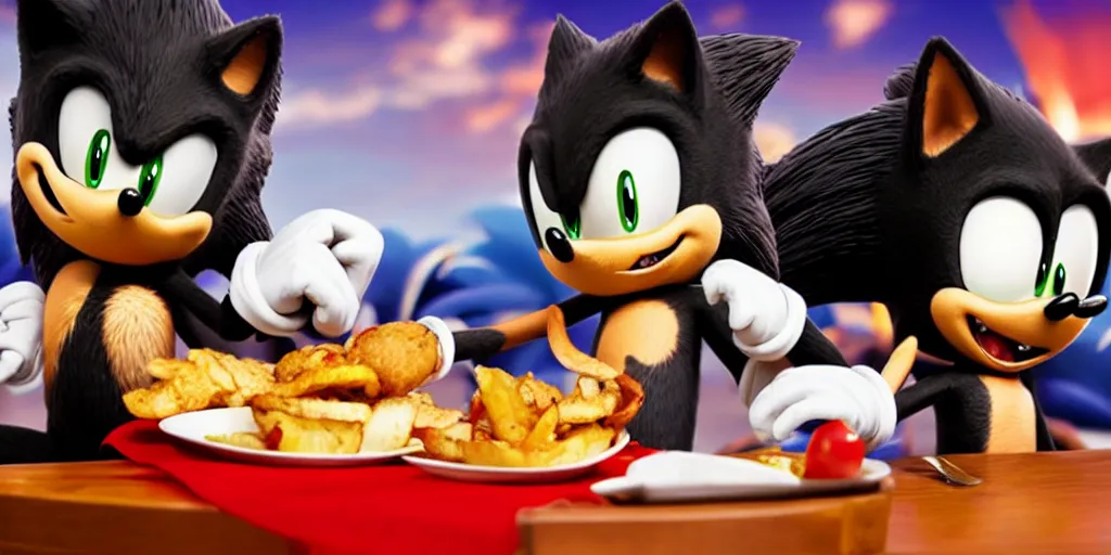 Image similar to A render of Sonic the Hedgehog sitting across from Shadow the Hedgehog at a restaurant, Sonic looks like he is shocked, Shadow is looking away in disgust, they both have hamburgers in front of them on a plate, movie, HDR, moody lighting, unique camera angle from the end of the table and between them