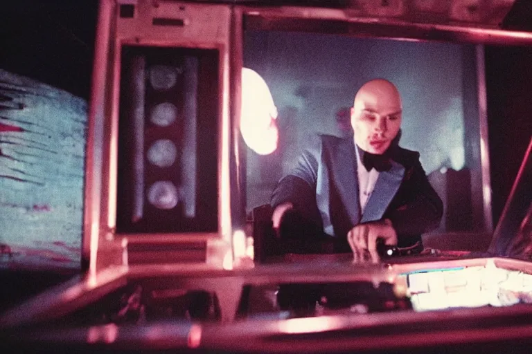 Image similar to pitbull using a computer while trapped in a pinball machine, in 1 9 8 5, y 2 k cybercore, industrial low - light photography, still from a kiyoshi kurosawa movie