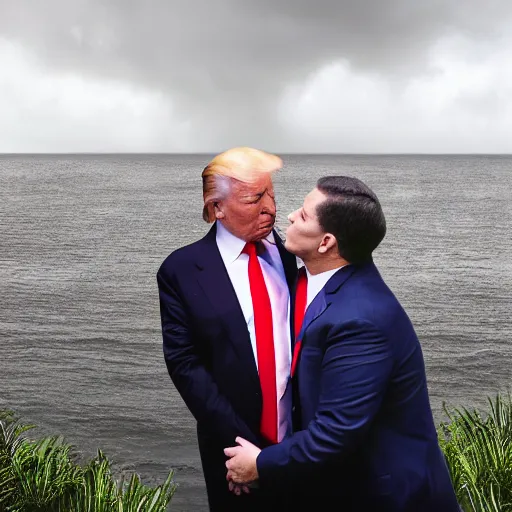 Prompt: 4 k hdr full body wide angle sony portrait of ron desantis kissing donald trump with moody stormy overcast lighting