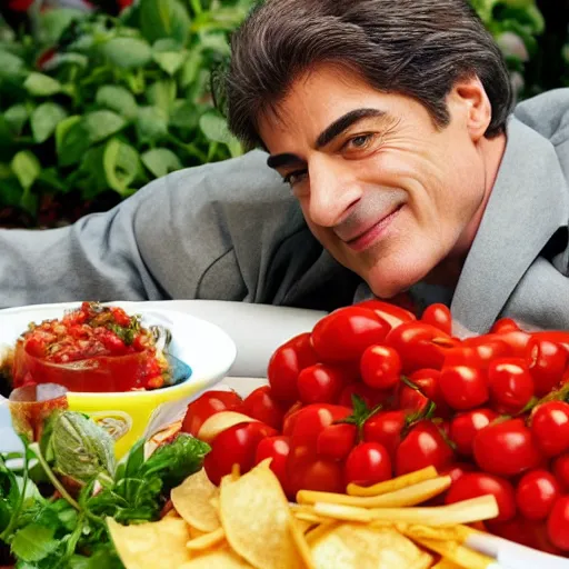 Prompt: mehmet oz lying down in oversized dish of vegetables and salsa and chips, dollar bills are near the dish, dollar bills!!!!!!!!!!!!