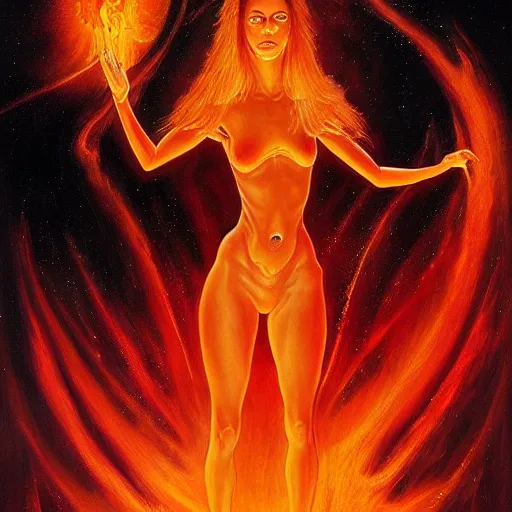 Image similar to A beautiful painting of a female cosmic being with flames as her body by Jim Burns, 8K, ultra-detailed , Trending on artstation.