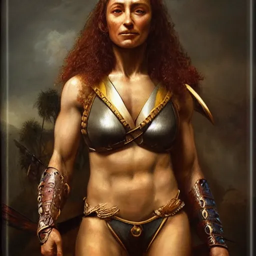 Image similar to the portrait of jessica ennis hill as amazon warrior in bikini by roberto ferri, fantasy, witcher, very detailed oil painting, masterpiece, 8 k