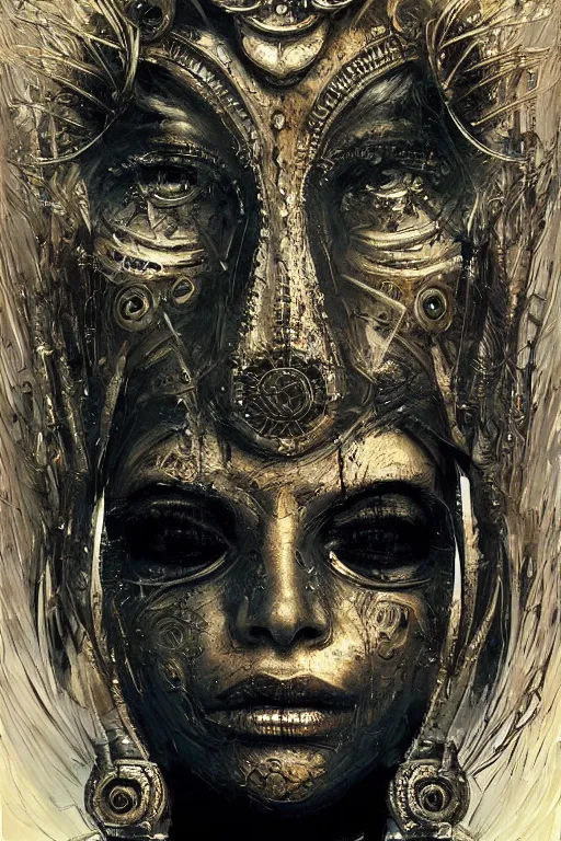 Prompt: portrait, headshot, digital painting, an beautiful techno - shaman lady in carved metal mask, realistic, hyperdetailed, chiaroscuro, concept art, art by john berkey