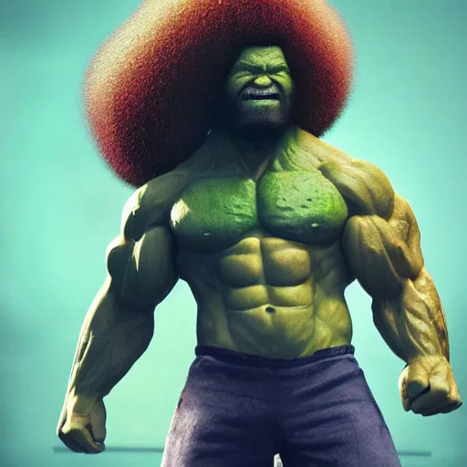 Image similar to full body portrait , photomanipulation of BOB ROSS as hulk with human flesh, marvel, fully detailed, volumetric lightening, octane render, 8k, masterpiece, epic composition