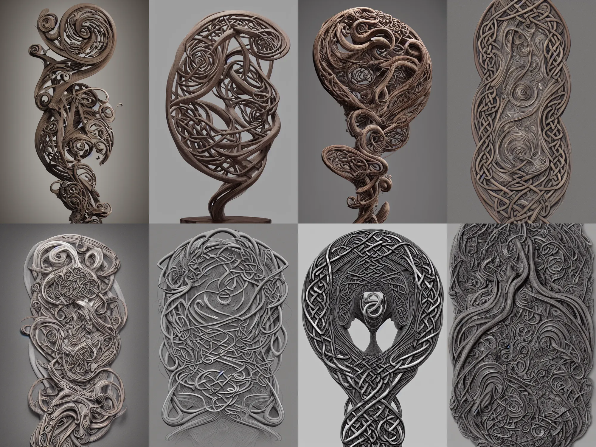 Prompt: full view of a swirling wood celtic sculpture, light grey background, art by James Jean and Wayne Barlowe, high detail, cinematic, cgsociety 8k