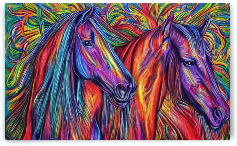 Image similar to a Photorealistic dramatic hyperrealistic vivid colors horses by Alex Grey