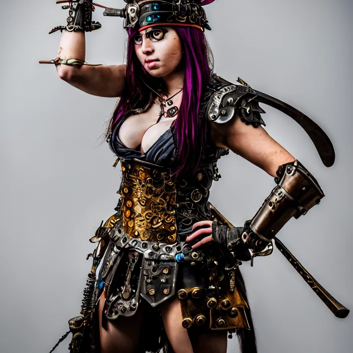 Prompt: full body photograph of a real - life very beautiful clockpunk warrior. extremely detailed. dslr. 8 5 mm.
