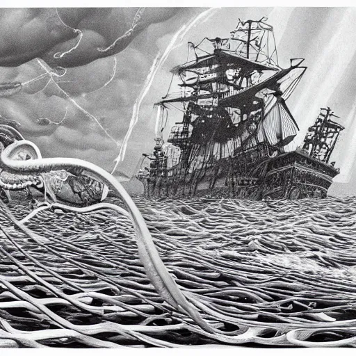 Image similar to 🤷🏽‍♂️ 🐙 a highly detailed hyperrealistic scene of a ship being attacked by giant squid tentacles, ultra realistic, jellyfish, squid attack, dark, voluminous clouds, thunder, stormy seas, pirate ship, dark, high contrast, yoji shinkawa, scary, m.c. Escher, highly detailed, brutal, beautiful, octopus arms attacking the ship from the storm, illusion, artgerm