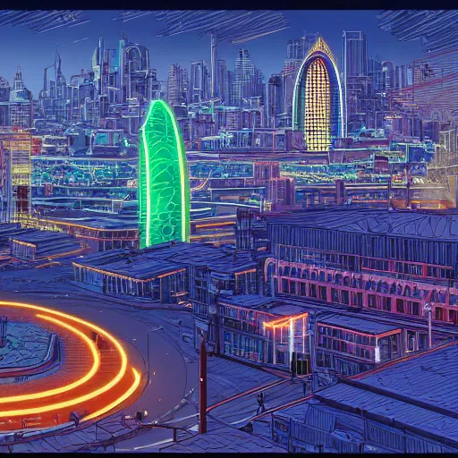 Image similar to illustration of a city in the future with lot of building and technology, Moebius, 8k, details, complex lightning, neon