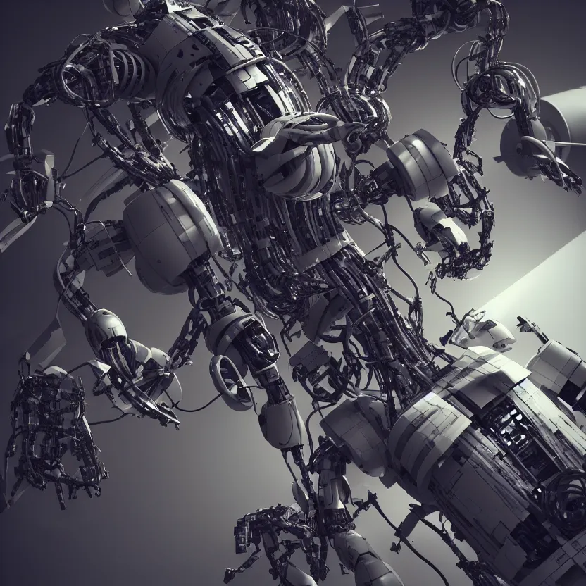 Image similar to aerial view of a robot doing a surgery on a black man with long curly hair, 3d render, dim volumetric lighting, 8k octane beautifully detailed render, post-processing, extremely hyperdetailed, intricate futuristic mechanic parts, epic composition, cinematic lighting, trending on artstation