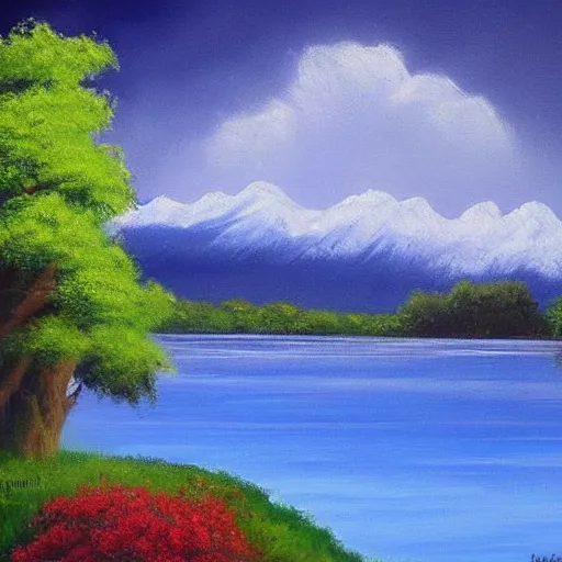 Image similar to ' a world at peace'- a painting by bob ross