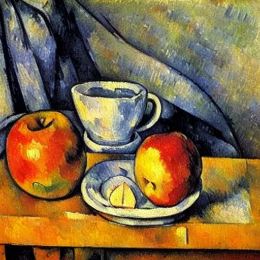 Image similar to Still life oil painting of an apple and a mug of coffee on a school desk, Paul Cezanne, 1895, award-winning, realistic, oil painting, dynamic lighting