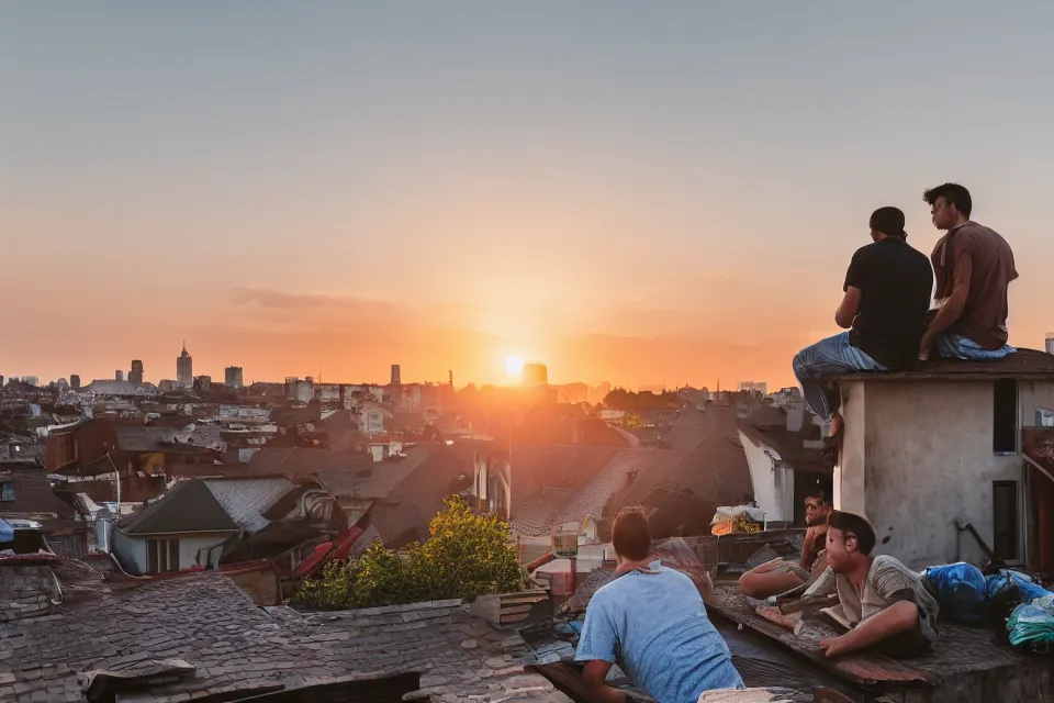 Image similar to two guys are sitting on the roof of a house against the background of the city during sunset