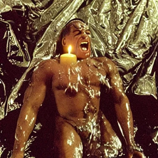 Image similar to 1 9 9 0's wwe publicity photo, a giant muscular man covered in wet reflective slime crawling halfway out of a giant slimy wet cocoon, screaming in agony, inside a secret occult dark evil lab, candles and pentagrams, ultra - detailed, photorealistic