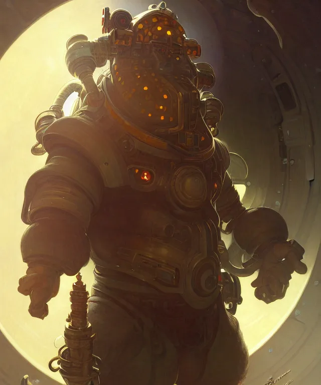 Prompt: Dwarven Man in spacecraft loading bay, portrait, face, smiling, dark hair, dark skin, sci-fi, intricate, elegant, highly detailed, digital painting, artstation, concept art, smooth, sharp focus, illustration, art by artgerm and greg rutkowski and alphonse mucha