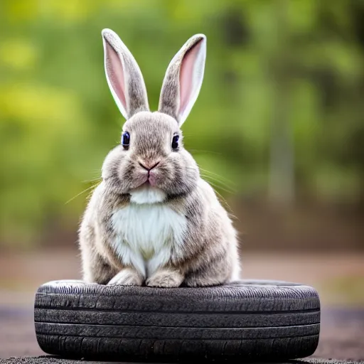 Image similar to a cute bunny sitting on a tire, studio photo, high quality