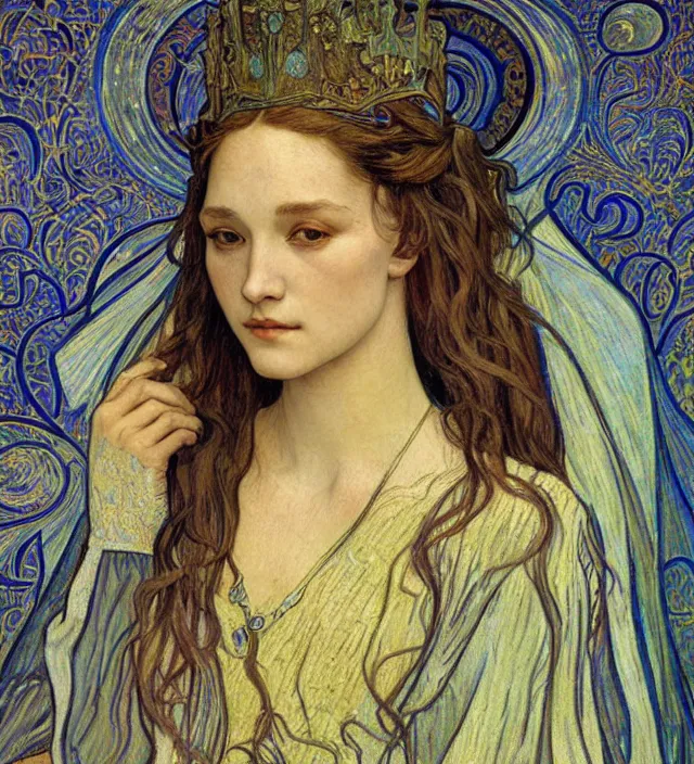 Image similar to detailed realistic beautiful young medieval queen face portrait by jean delville, alphonse mucha, vincent van gogh, and marco mazzoni, art nouveau, symbolist, visionary, gothic, pre - raphaelite