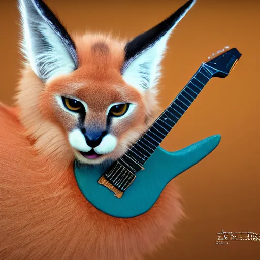 Image similar to cute fluffy caracal playing fluffy guitar, fully detailed, high quality , 4k , octane render , soft light , masterpiece