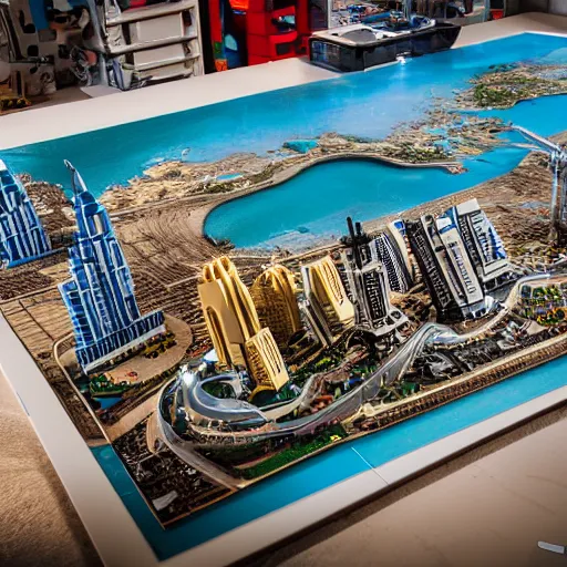 Image similar to detailed lego build of dubai on garage table, professional photo, professional lighting, HDR