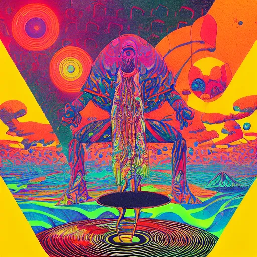 Image similar to a psychedelic record jacket of khruangbin band by james jean, paul lehr, krizpii, christian orrillo, risography print,