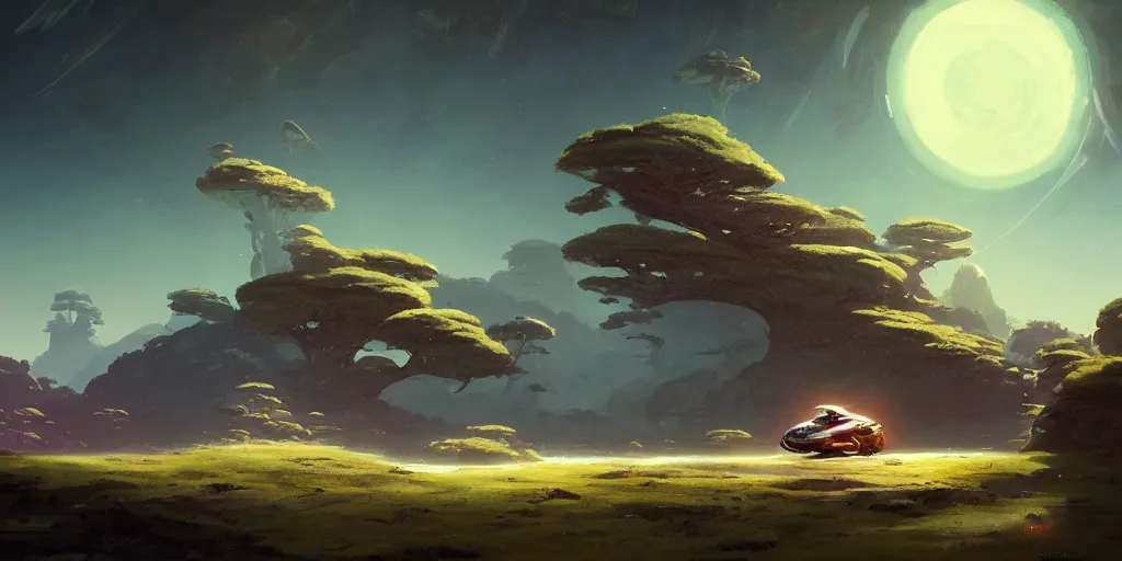 Prompt: painting of a retrofuturistic spaceship over a beautiful landscape by greg rutkowski craig mullins ross tran cozy hot springs bonsai zen garden steamy flowers japanese motifs concept art clear focus fantasy d & d cinematic lighting unreal engine lumen trending on artstation