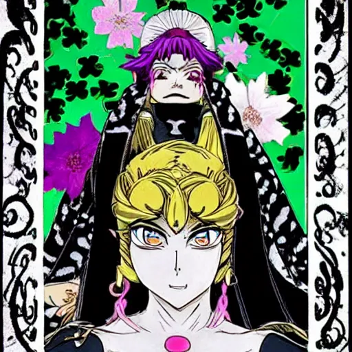 Prompt: a jojo's bizarre adventure manga artstyle colorful sketch : Marie the mother of Jesus resembling Jolyne Kujo, smiling with her mouth shut, not looking at the camera, with a saint aureola, black and white, wearing a veil, shamrocks and lilies in the background by by hirohiko araki shonen jump, crisp details, realistic, featured on Artscape