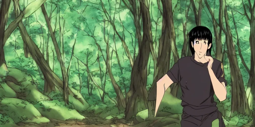 Image similar to a still of a 90s OVA of a man with black hair in a forest