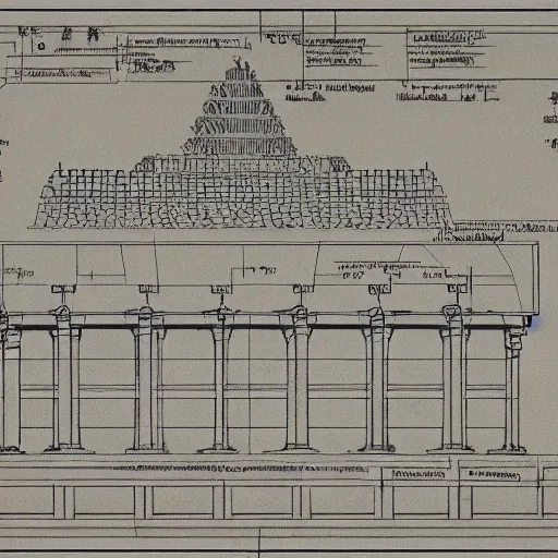 Prompt: detailed schematic for an ancient temple construction, faded parchment, aged, descriptions, highly detailed, 8 k,