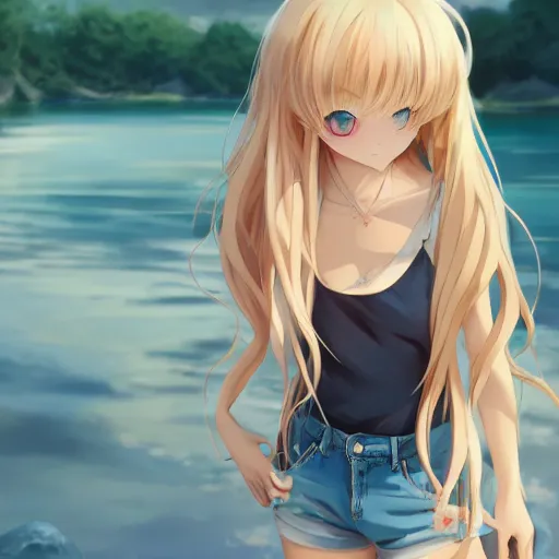 Prompt: a very beautiful anime girl, full body, long wavy blond hair, sky blue eyes, full round face, short smile, cute top, short jeans, summer lake setting, cinematic lightning, medium shot, mid-shot, highly detailed, trending on Artstation, Unreal Engine 4k, cinematic wallpaper by Stanley Artgerm Lau, WLOP, Rossdraws, and Sakimichan