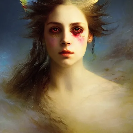 Image similar to three-quarters portrait with papery flaking skin, piercing multi-colored eyes, and under water flowing hair, dreams of the fae; painted in oil on canvas; surrealism by Aleksi Briclot and Ivan Aivazovsky