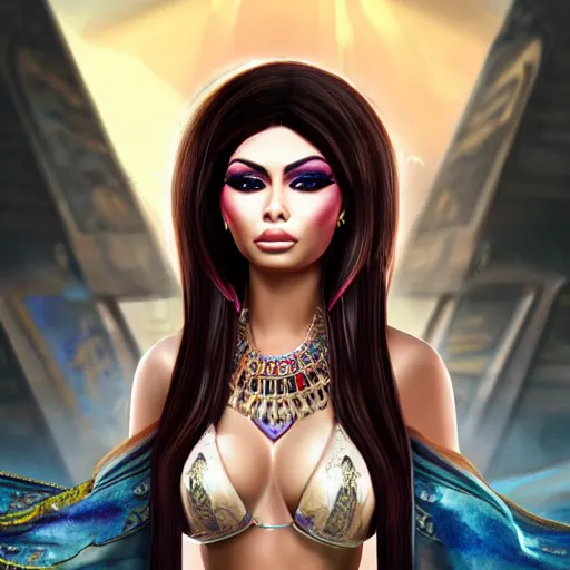 Image similar to portait egyptian princess haifa wehbe, centred, very long hair, hd, unreal engine, art digital painting, final fantasy style, amazing background theme