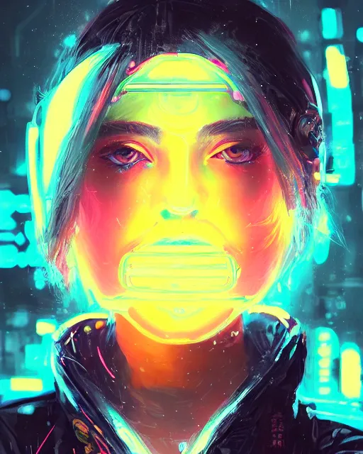 Image similar to detailed portrait Neon Operator Girl, cyberpunk futuristic neon, reflective puffy coat, decorated with traditional Japanese ornaments by Ismail inceoglu dragan bibin hans thoma greg rutkowski Alexandros Pyromallis Nekro Rene Maritte Illustrated, Perfect face, fine details, realistic shaded, fine-face, pretty face