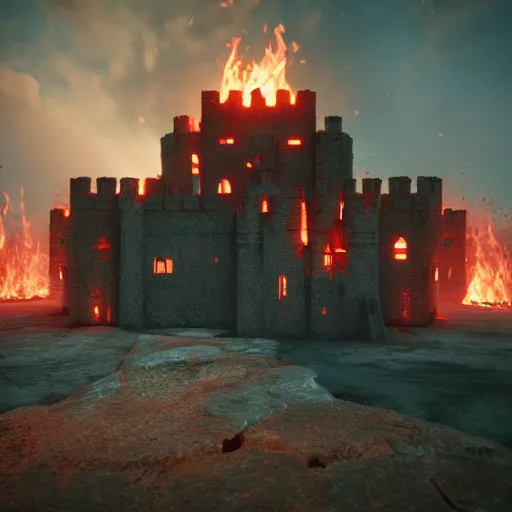 Image similar to a burning castle in a red sea, unreal engine, artstation, hyperrealistic, 8k.