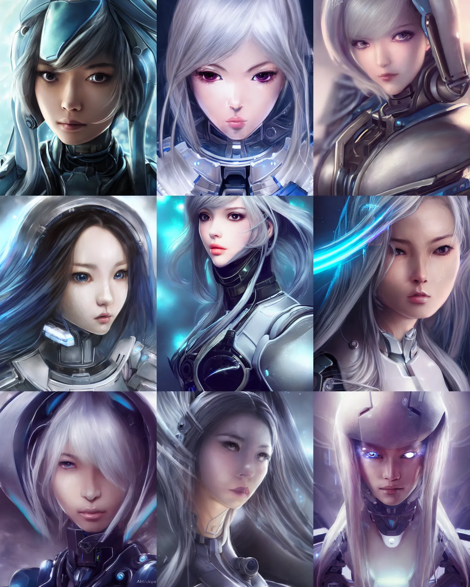 Prompt: detailed portrait of perfect android girl, warframe armor, beautiful face, scifi, futuristic, space station, laboratory, song hye - kyo, dreamy, long white hair, blue cyborg eyes, cinematic lighting, innocent, highly detailed, sharp focus, smooth, artstation, intricate, award winning, pure aura, utopia!!, by akihiko yoshida