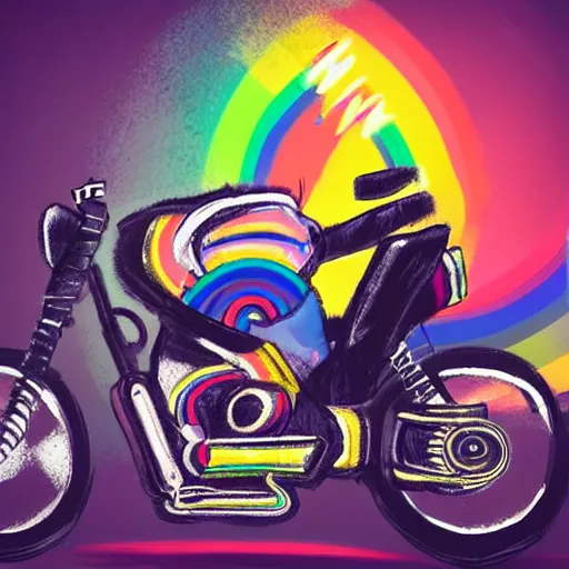 Image similar to wide angle full body, jacket wearing fluffy cute rainbow kitten wearing a black leather motorcycle jacket, riding on a motorcycle, cinematic concept art