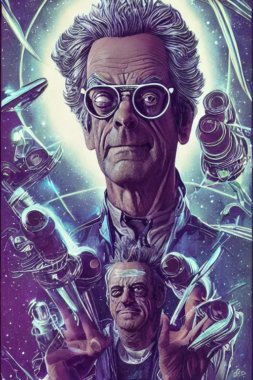 Image similar to Christopher Lloyd as Rick Sanchez, science fiction, retro cover, high details, intricate details, by vincent di fate, artgerm julie bell beeple, 60s, inking, vintage 60s print, screen print