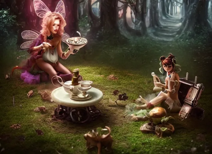 Image similar to tiny mechanical fairy having tea with a minotaur in a magical forest, having tea with a giant minotaur. Very detailed 8k. Fantasy cyberpunk horror. Sharp. Cinematic post-processing