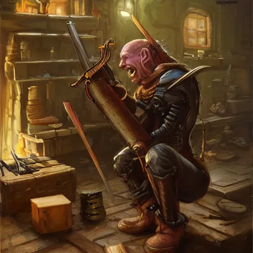 Image similar to goblin artificer tinkerer working on a makeshift rifle on a dusty workbench, cover of a Dungeons and Dragons book, art by Raymond Swanland