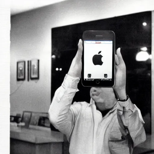 Image similar to a 1980's picture of a man holding an Iphone, Iphones in the 1980s, old photograph, advertisement for the Apple Iphone, 480p resolution